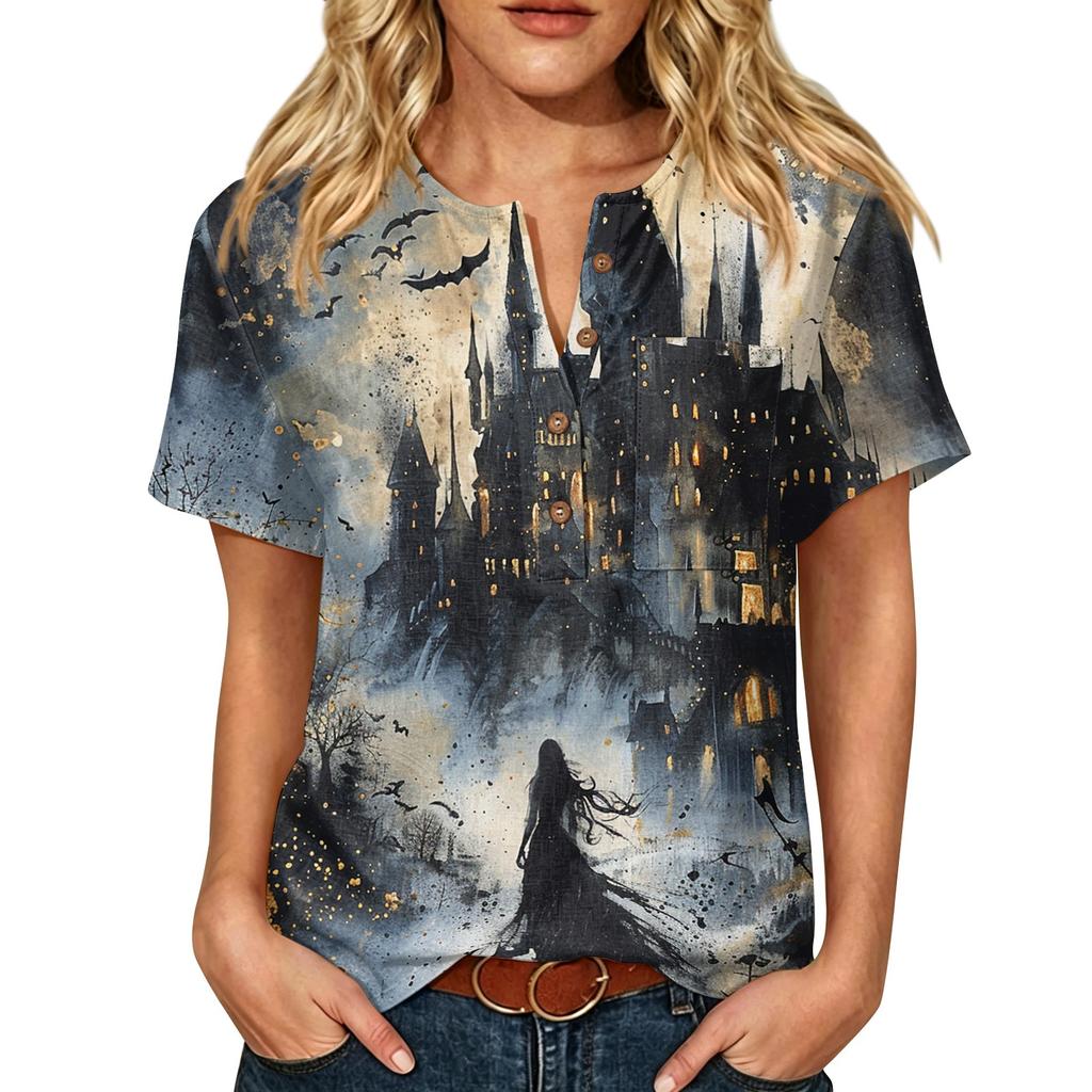 Women's Casual Short Sleeve Linen Cotton Blend Henley Shirt with Chest Pocket Halloween Themed Graphic Print