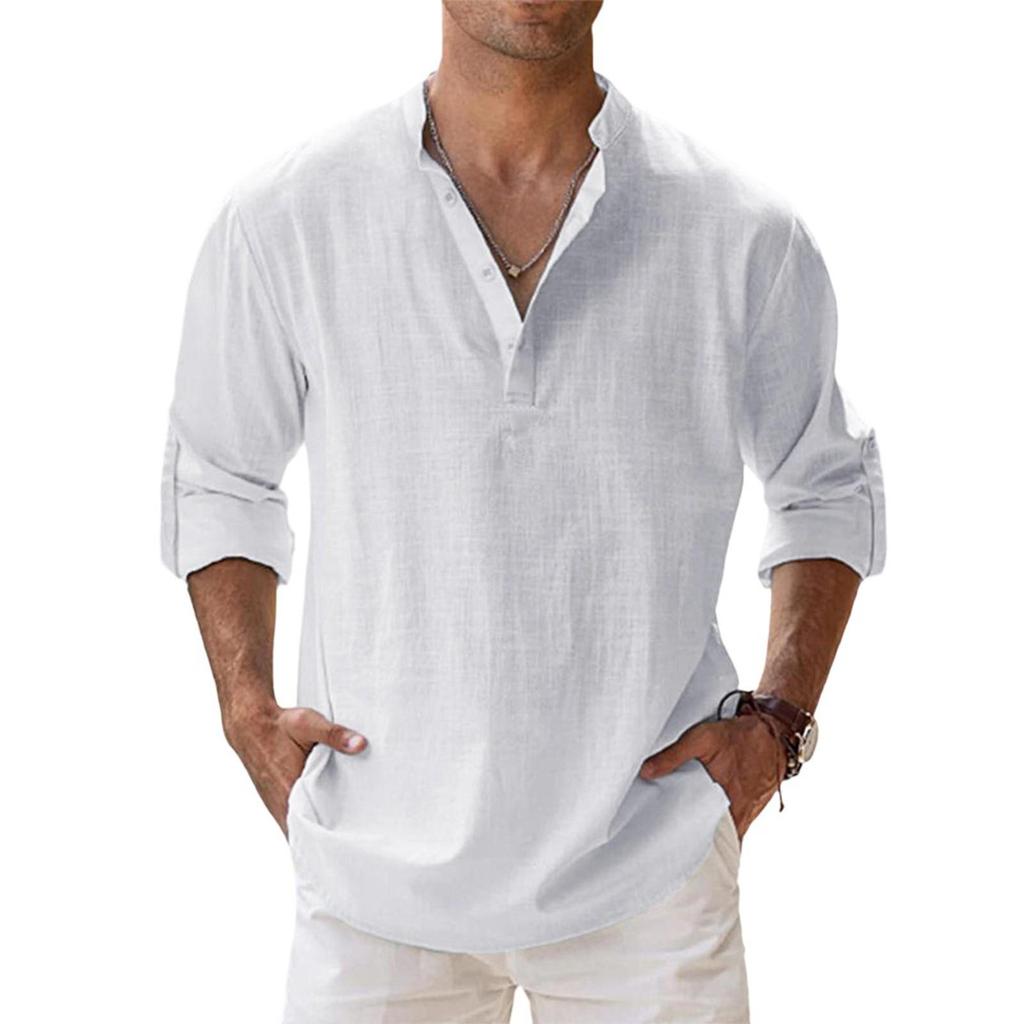 Men's Casual Loose Stand,up Collar Sweatshirt, Men's ,color Long,sleeved Cotton And Linen Shirt Top