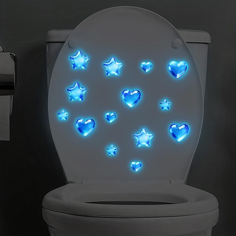 Blue Stars And Hearts Glow-In-The-Dark Toilet Sticker Self-Adhesive Removable Wall Sticker Bathroom Decoration Car Sticker