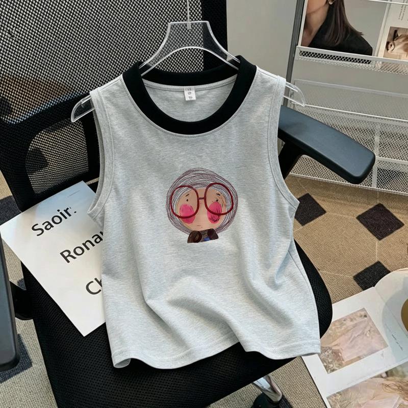 Korean Style Color Block Sleeveless Cotton Vest T-Shirt for Girls (Ages 6-12)
