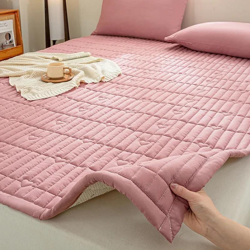 

Washed cotton quilted thicken mattress pink romance heart sleeping mat 150cm bed sheet bed protection pad queen king size 90x200cm 1pc