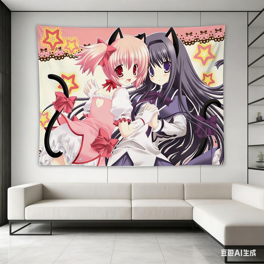 Madoka Anime Girl Tapestry Wall Hanging Cute Neko Cat Ears Pink Purple Character Bedroom Dorm Decor Polyester Fabric Backdrop