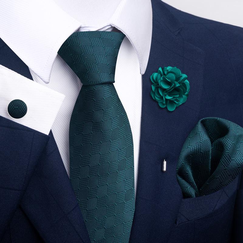 Brown Paisley Men's Tie, Pocket Square, Cufflinks & Boutonniere Set for Business Formal Wear.
