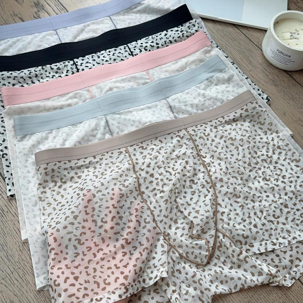 Cueca Boxer Masculina Transparente Estampa Leopardo Ultra-Fina Seda Gelada 10A com Aroma de Camélia Antibacteriano