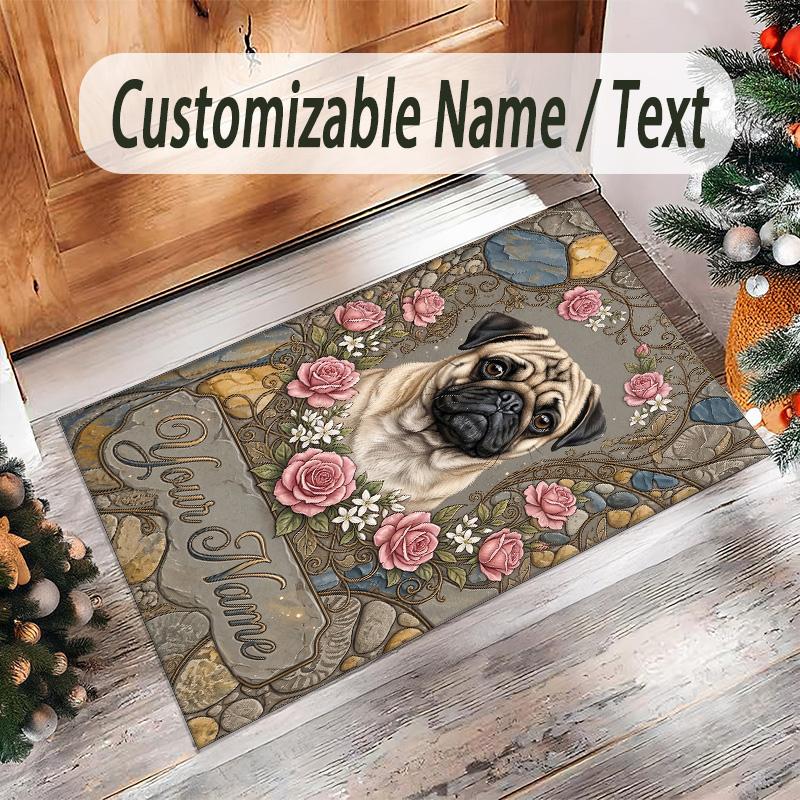 Pug Theme Crystal Velvet Floor Rug Personalized Custom Name Text Warm Carpet Home Decoration