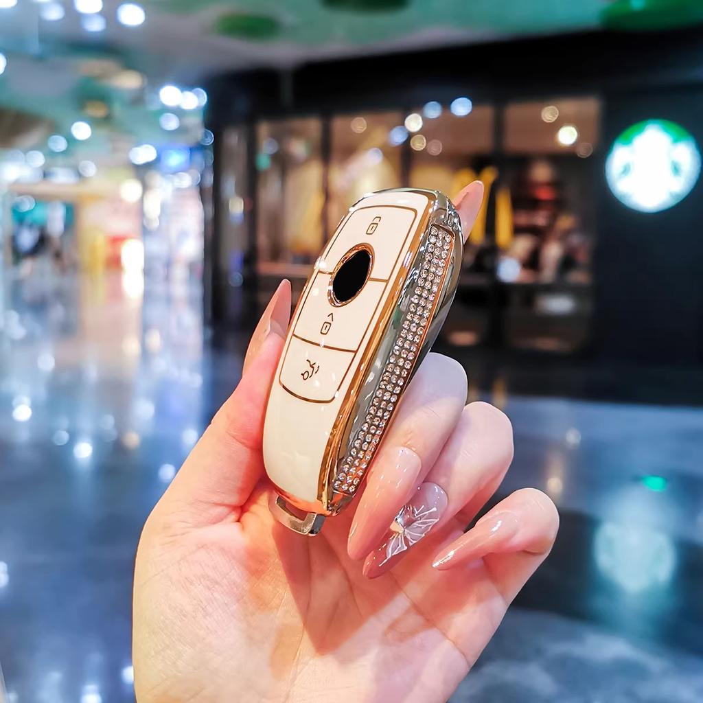 For Mercedes Benz Key Fob Cover, Bling Gold/Silver White Tpu Key Case With Keychain, Car Key Protector For C/E/S Class, Glc/Gle