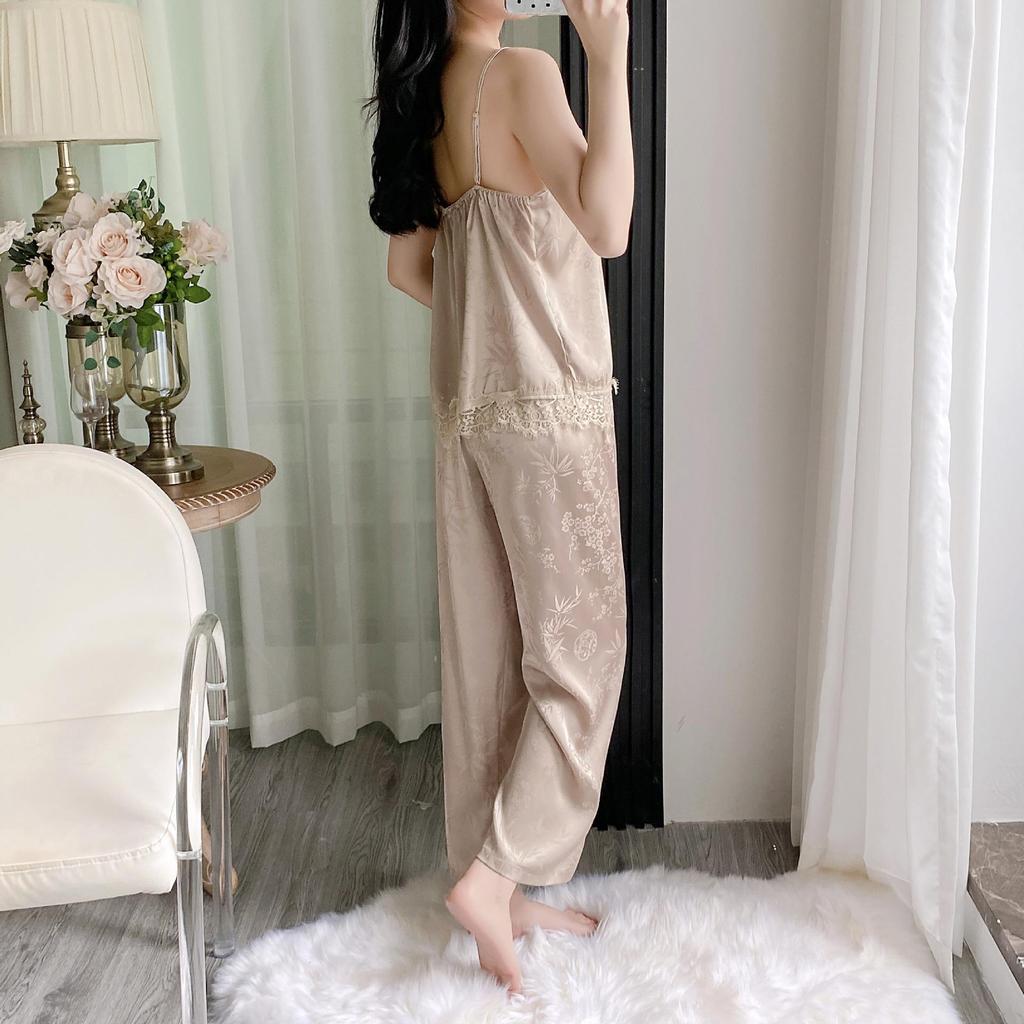 Women's Summer Ice Silk Camisole & Long Pants 3-Piece Set with Chest Pads - Light Luxury Homewear