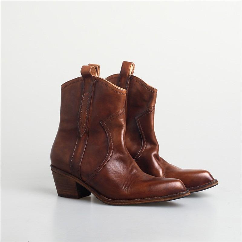 Женские ботильоны с острым носком, квадратным каблуком и заклепками, из замшевой кожи, в стиле вестерн, ковбойские, женские ретро короткие ботинки, обувь для подиума 34 коричневый