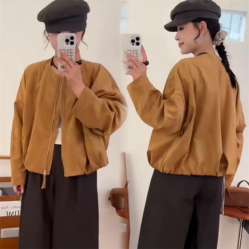 European Suede Women's Casual Jacket – 2025 Spring/Autumn, Loose Slimming Fit, Petite, Stylish, Short Design