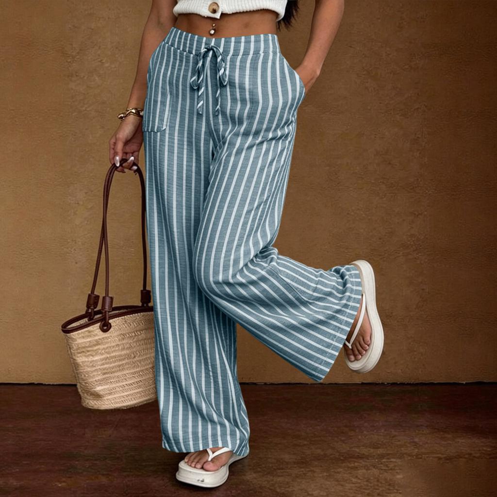 Pantalon Décontracté pour Femme Coupe Ample Jambes Larges Taille à Cordon Motif Rayures Verticales Ceinture Élastique Pantalon Léger Confortable