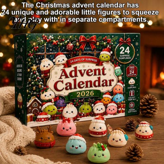 Stocking Stuffers for Kids 2026 Christmas Squeeze Toy Advent Calendar, 24-Day Dumpling Bun Fidget Anxiety Relief Toys Countdown Box, Soft TPR