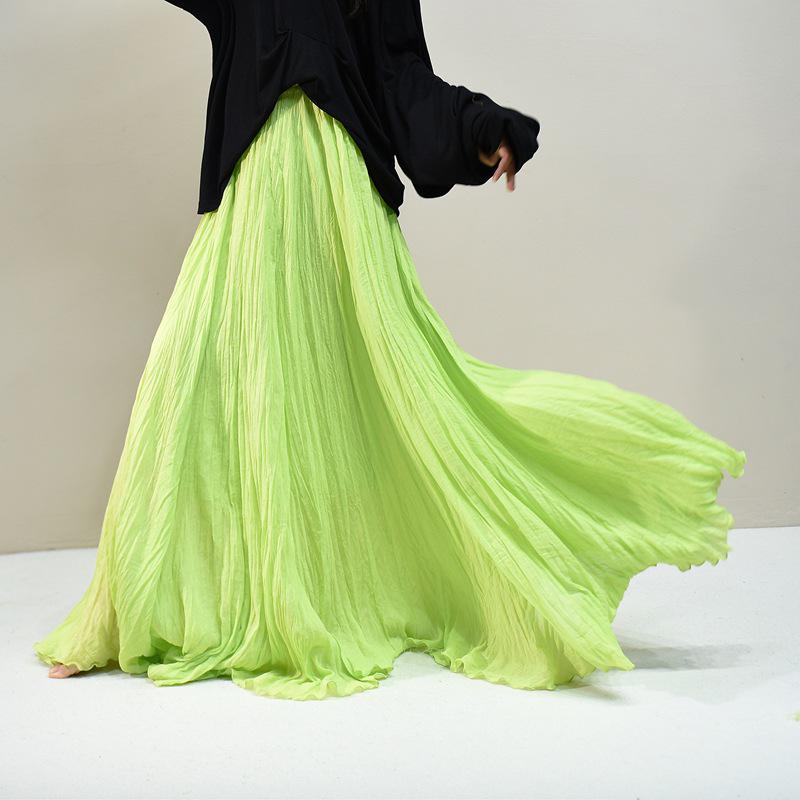 Pleated Cotton Linen Textured Midi Skirt, Women's Spring/Summer 20256 Collection, Large Hem, Floor-Length, Simple Design.