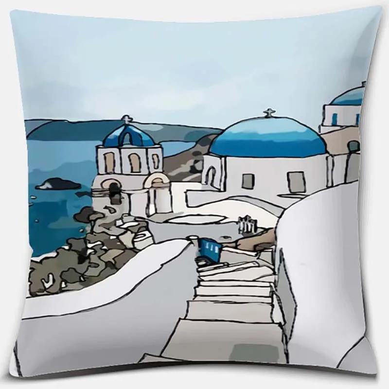 45x45cm Nordic Blue and White Castle Scenery Pillowcase Comfortable Sofa Seat Cushion Cover Hotel Home Decor Embrace Pillowcase