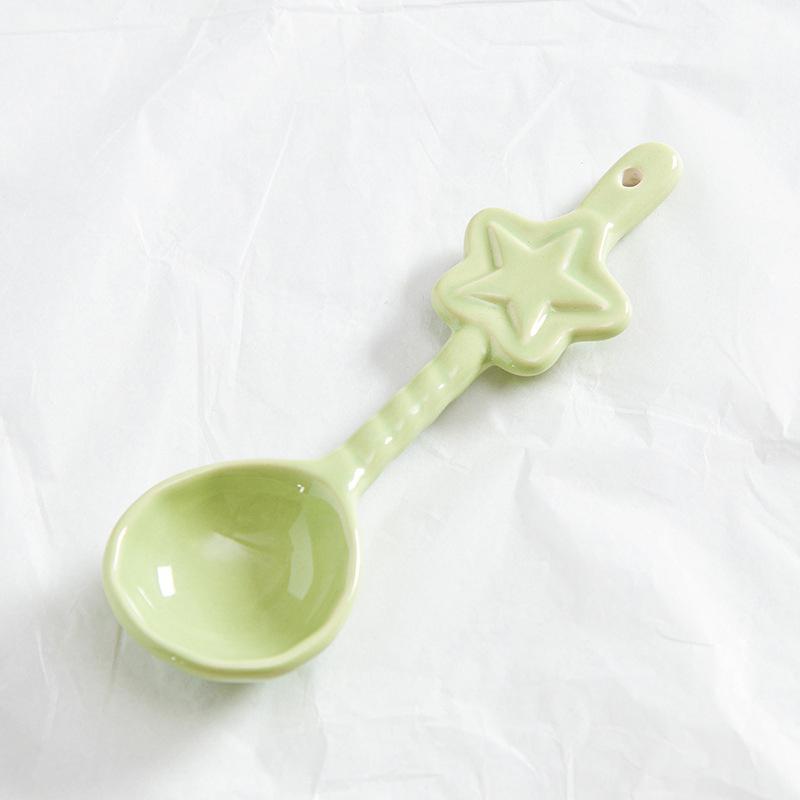 1Pc Ceramic Star Shaped Spoon Cute Twisted Long Handled Coffee Stirring Spoon with Cream Design for Kitchen