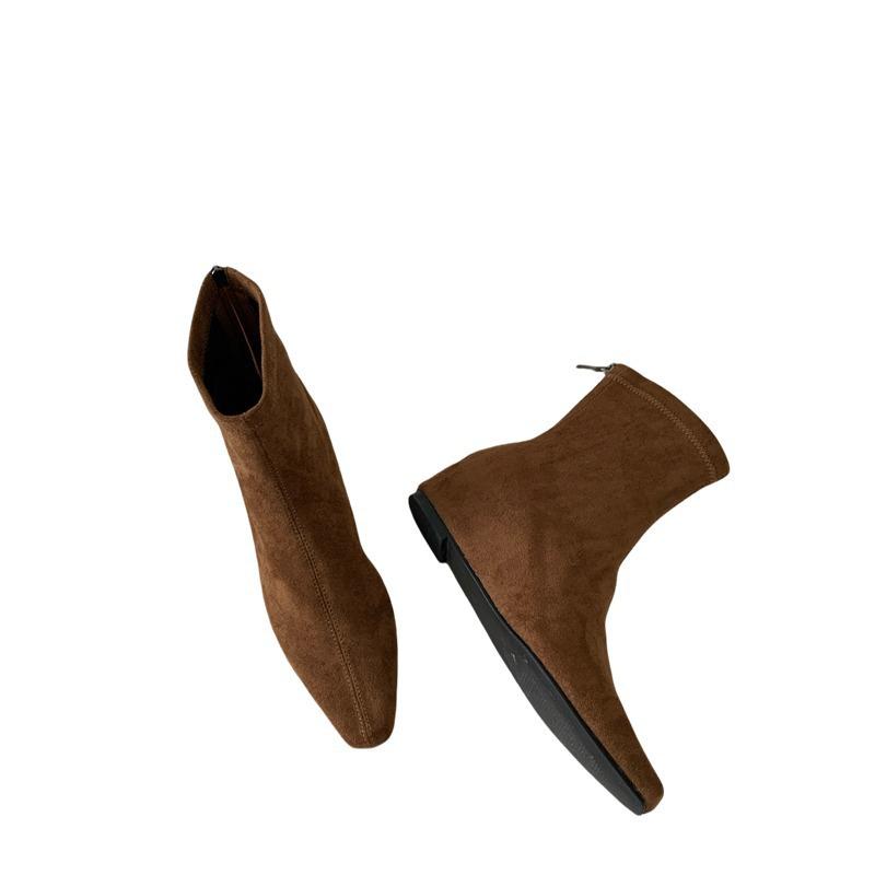 Inner Height-increasing Suede Square Head Short Boots Women's 2025 Autumn and Winter New Temperament Versatile Women's Boots, Wedge Heel Rear Zipper 