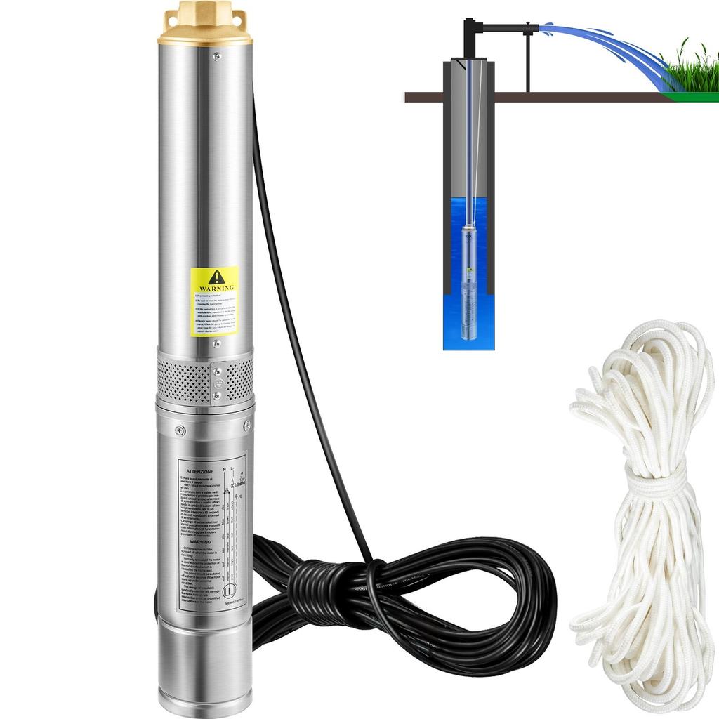 Deep Well Submersible Pump, 750W 230V/50Hz, 100L/min 66 m Head Sand Resistant <5%, 20 m Electric Cord, 7.6 cm Stainless Steel Water Pumps for