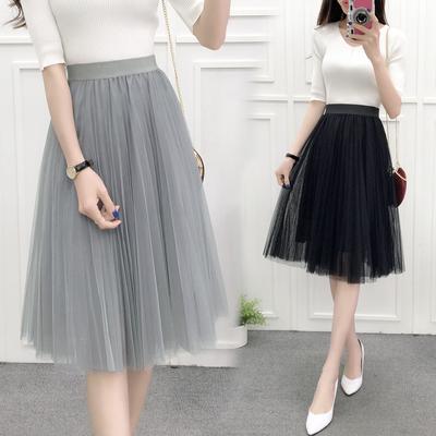 Spring and Autumn Mid Skirt Korean Version High Waist Pleated Lace Mesh Halfskirt Large Swing Skirt Slim Mid Length Skirt