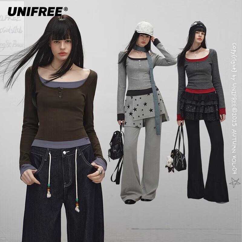 UNIFREE 2025 Autumn Korean Style Embroidered Color-Block Long-Sleeve T-Shirt M