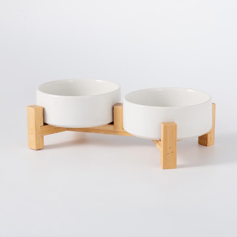 Ceramic Pet Food Bowl with Elevated Bamboo Stand - Anti-Tip Design for Dogs and Cats, Protects Cervical Spine