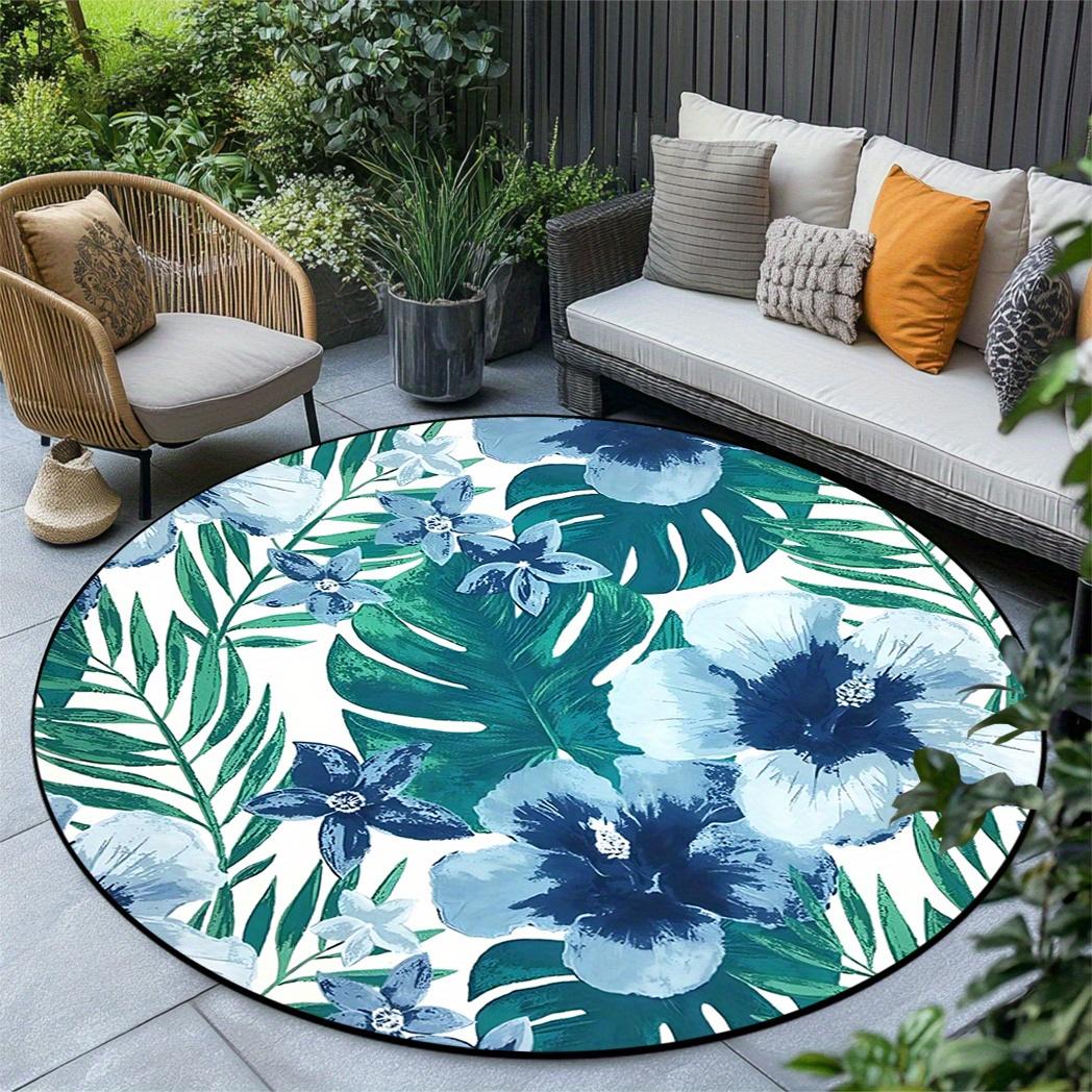 

1 piece blue floral plant pattern rug, round non-slip washable floor mat for living room/bedroom/dining room/kitchen 100x100cm