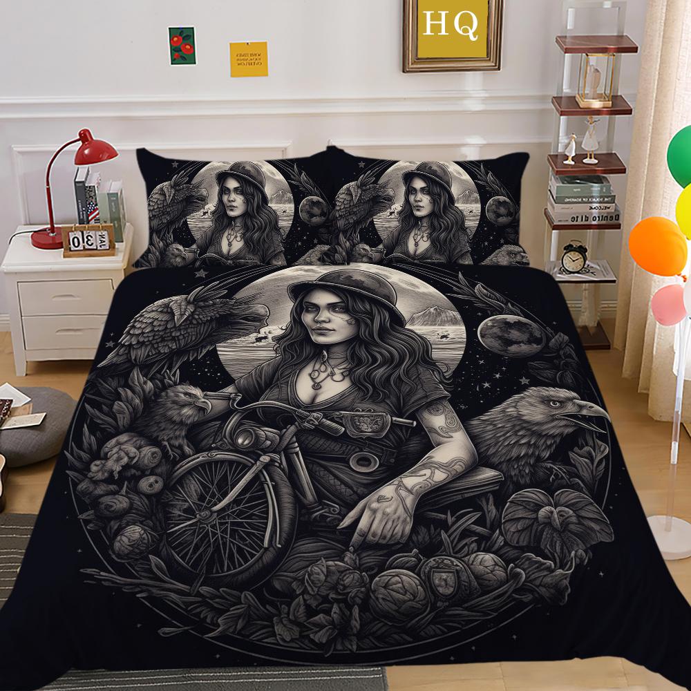 3D Dark Beauty Motorcycle Printed Bedding Set Beauty Skull Head Duvet Cover 2/3 Pieces AU180 * 210 Super Big Bed Room Quick Drying Home Decoration