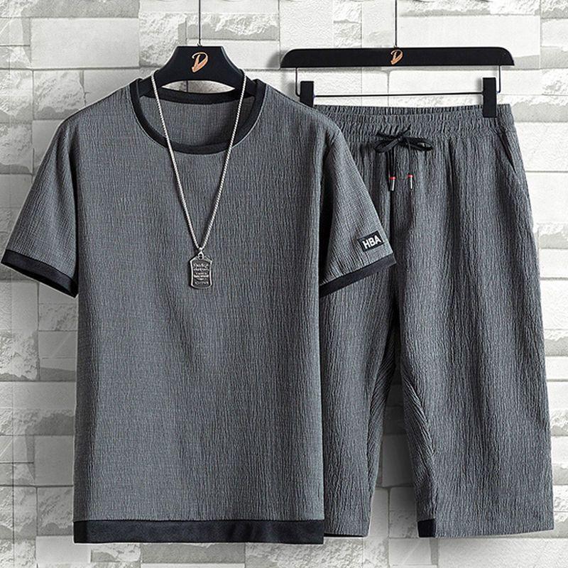 Silk Mens Summer Ice Suit Loose Large Casual Sports Suit M6xl Mens Short Sleevecapris Twopiece Set