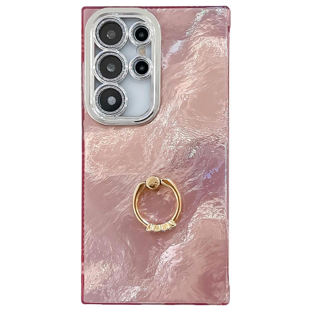 

Для Samsung Galaxy S24 Ultra чехол с защитной пленкой IMD для объектива, устойчивый к царапинам, чехол для телефона из ПК+ТПУ, кольцо-держатель, подставка Foil Pattern/Pink