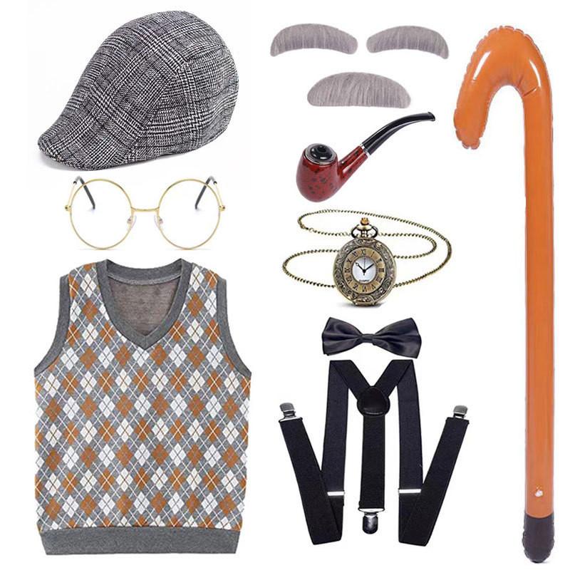 

Premium Childrens Grandpa Wig Costume Set Featuring Short Hair Beard Vest And Accessories Orange Vest F1,160cm