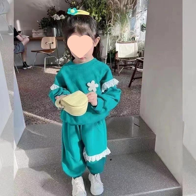 Girls' Lace Sweatshirt & Long Pants Set - Spring/Autumn Korean Style, Fashionably Cute & Casual