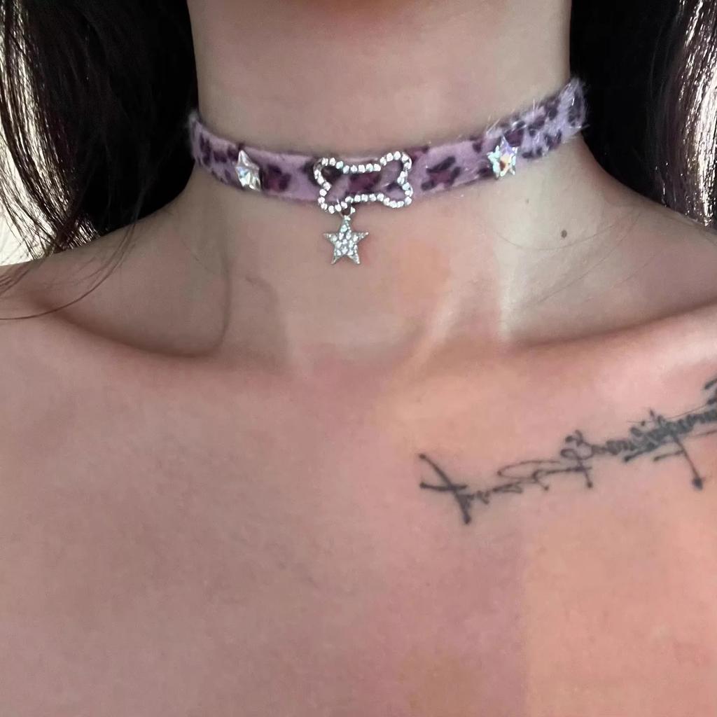 Y2K Cat Claw Star Heart Pendant Plush Leopard Bone Choker Charms Necklaces For Women Goth Aesthetic Accessories Grunge Jewelry