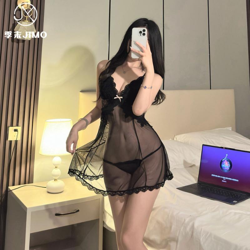 New deep V perspective embroidery lace cross backless suspender mesh seduction 7039