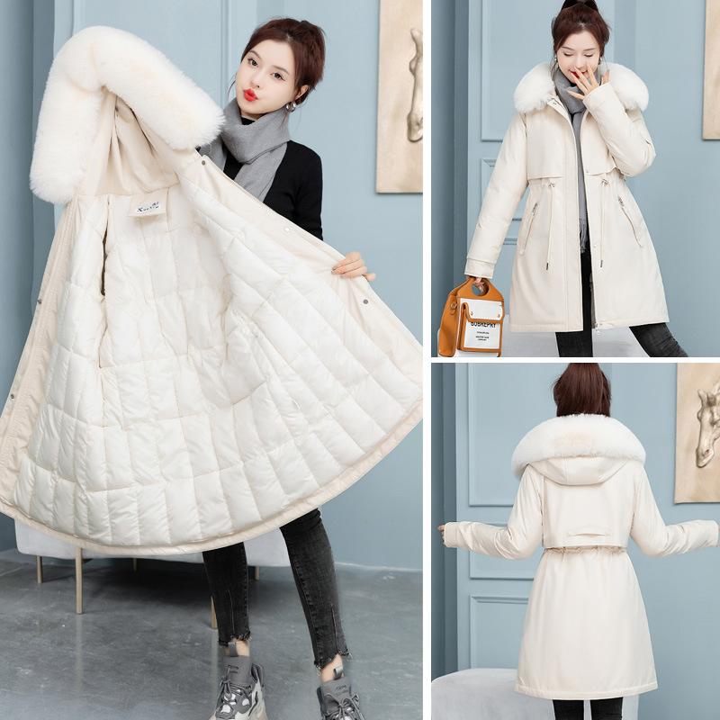 

Женская удлиненная куртка с утолщенной талией, теплая, свободного кроя, с большим меховым воротником, для осени и зимы M