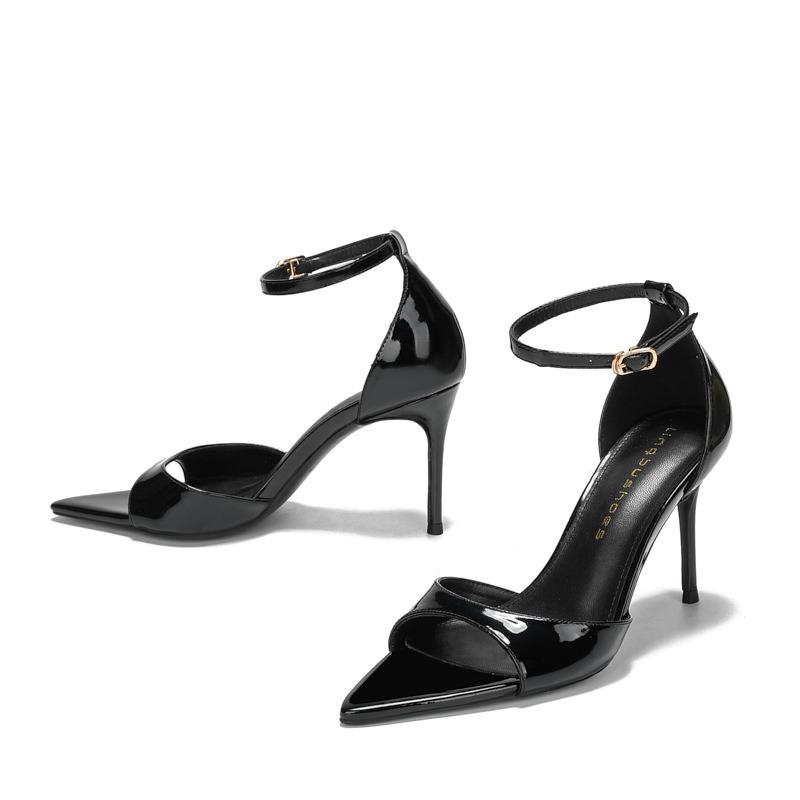 Mote Leopard Høye Hæler Kvinner Slanke Hæler Sandaler Sexy Svarte Skinn Spisse Sandaler for Damer