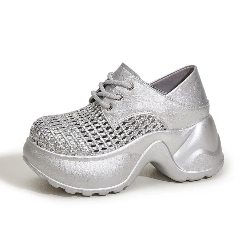 Fashion 9CM Weave Patent Synthetic Microfiber Leather Fashion Women Sandals Chunky Sneakers Hollow Bling Vulcanize Platform Wedge Shoes