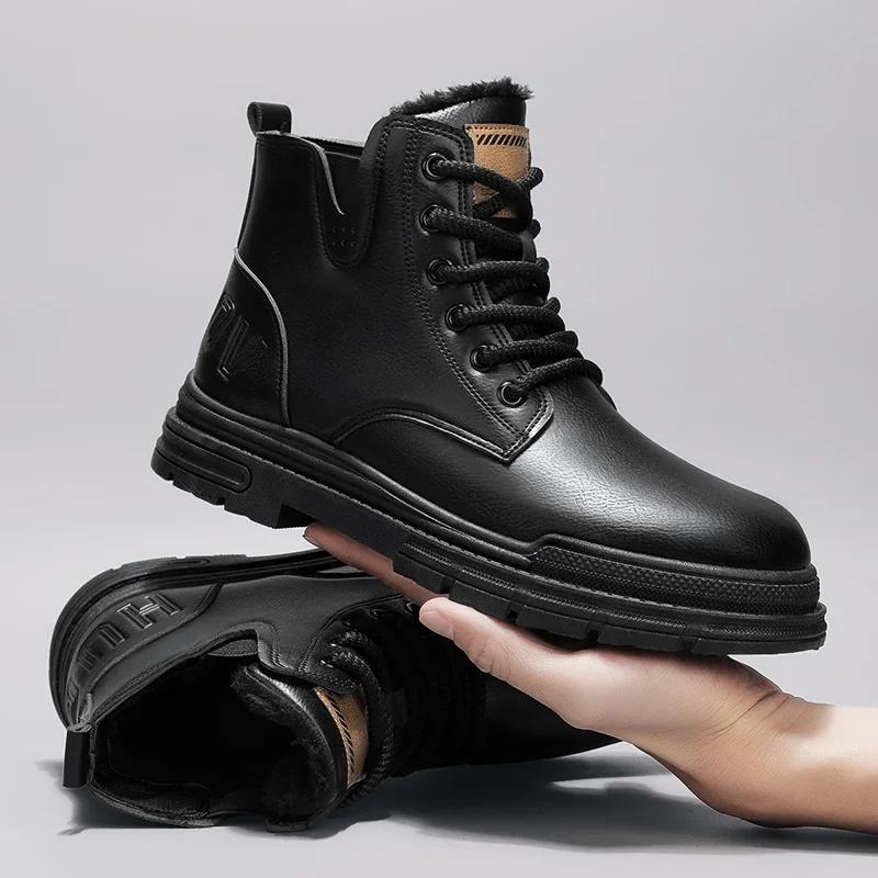 

Модные мужские байкерские ботинки Трендовые универсальные Кожаные Повседневные Высокие Британские Ботинки Сохраняют тепло Популярные Мотоциклетные На шнуровке Водонепроницаемые Ботинки 44 чёрный