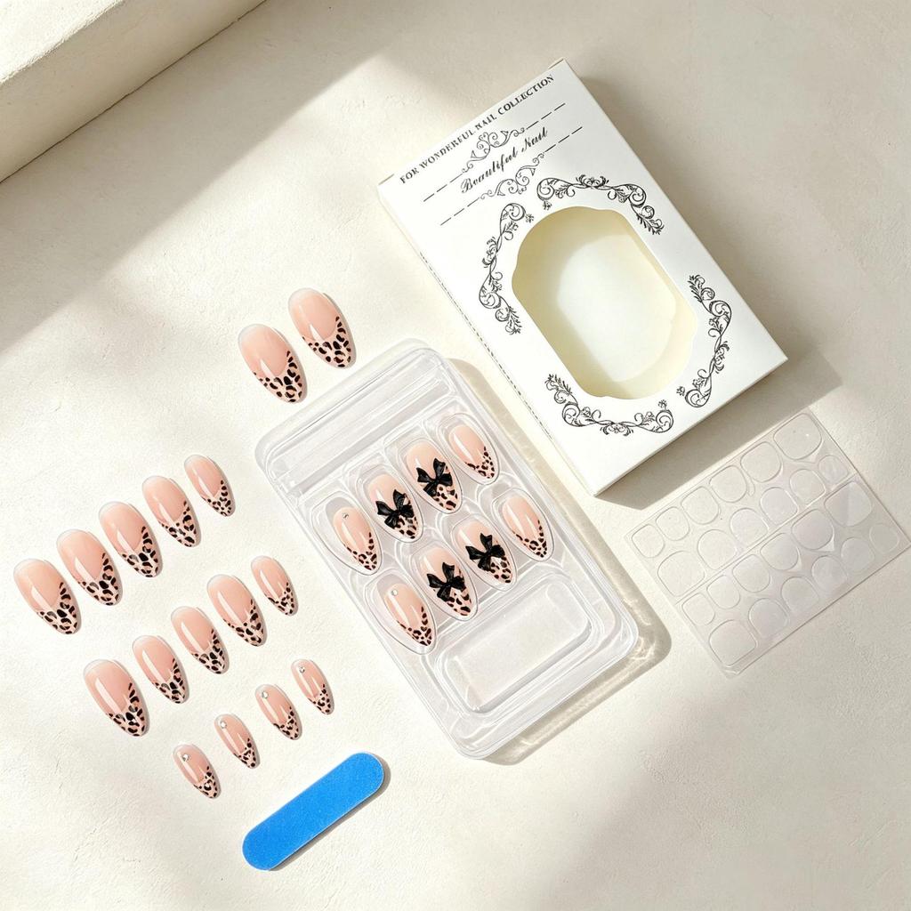 24-Piece Leopard Print French Manicure Set with Black Bow Almond-Shaped Nail Stickers