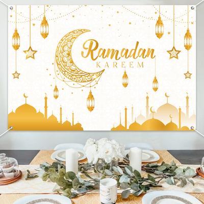 Ramadan Kareem Backdrop Photo Booth Background With Moon Star Castle Pattern Eid Mubarak Background for Backyard Al-fitr Gift