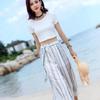 2023 Women's Summer Chiffon Wide-Leg Lace-Up High Waist Slit Pants with Lace Patchwork (F294)