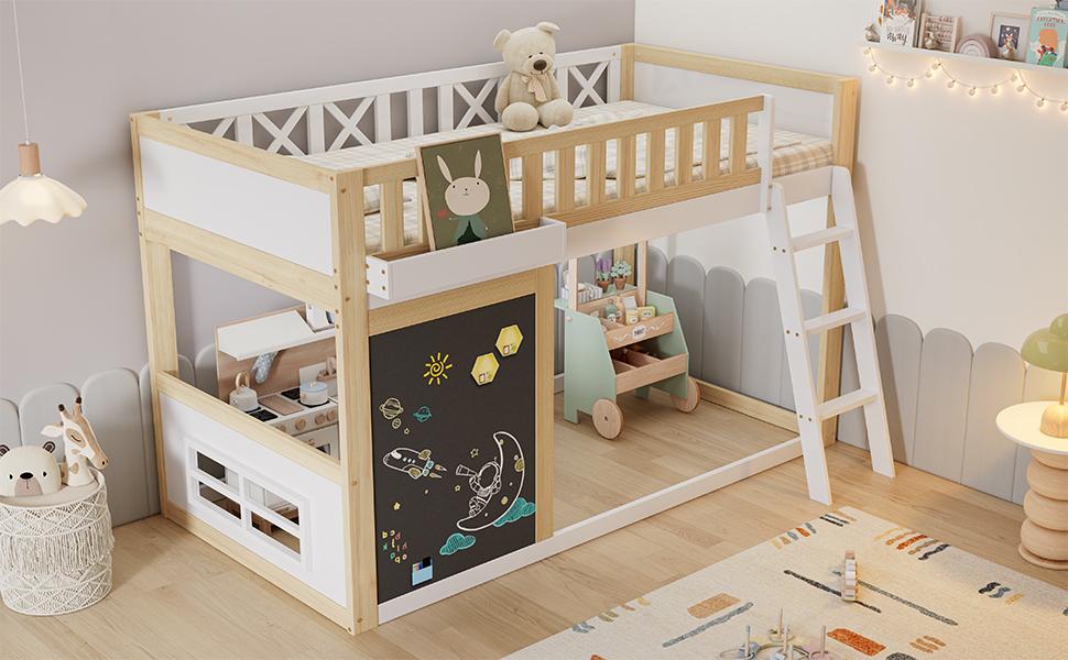 Loft Bed, Children's Bed, With Small Board for Painting, With Storage Box, Safety Rail, Storage Under the Bed, Pine + MDF, White+Natural, 90x200cm