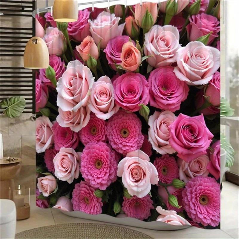 1Pc Pink Rose & Carnation Shower Curtain - Green Leaves, Polyester, 12 Hooks, Detailed Floral Design, Elegant Bathroom Decor