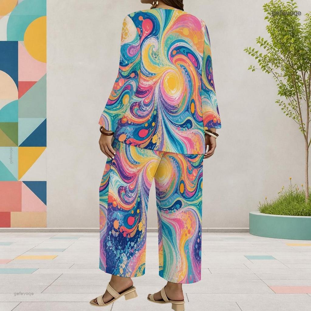 Women Plus Size Multicolor Printed Round Neck Long Sleeve Layered Top Wide Leg Cropped Pants Two Piece Set