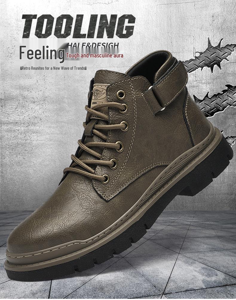 Men's High-Top Lace-Up Leather Work Boots - Autumn/Winter Casual Short Boots