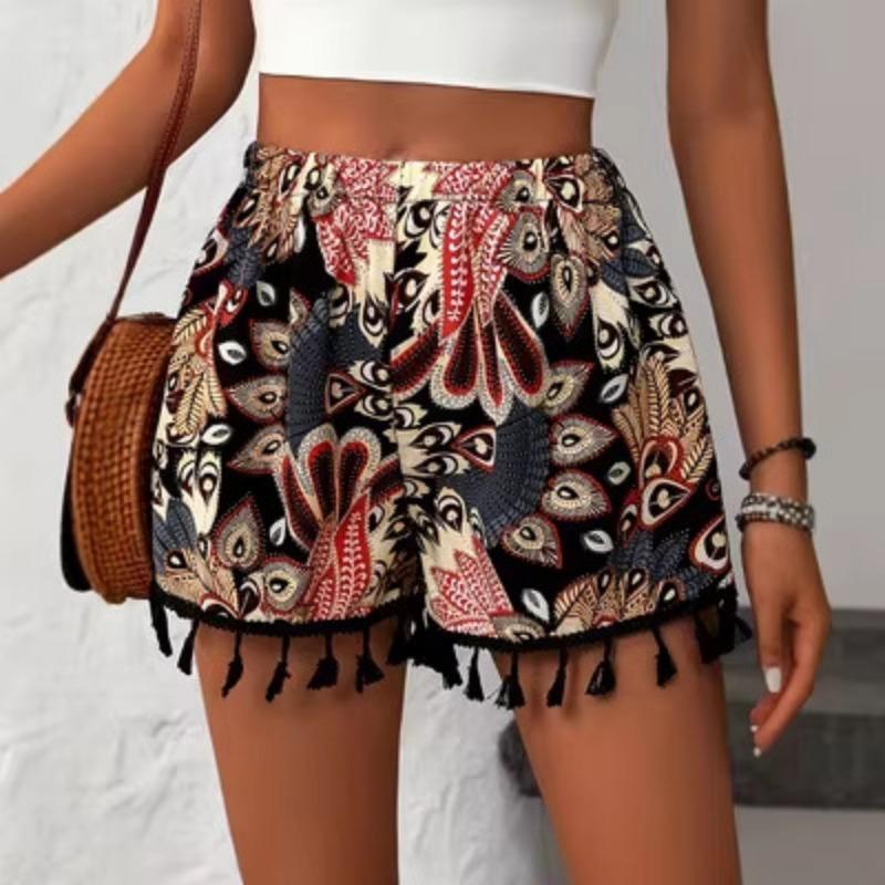 Women Peacock Feather Print Elastic Drawstring Waist Tassel Hem Loose Casual Beach Shorts