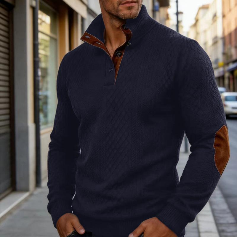 Men Stand Collar Elbow Patch Jacquard Casual Knit Sweater