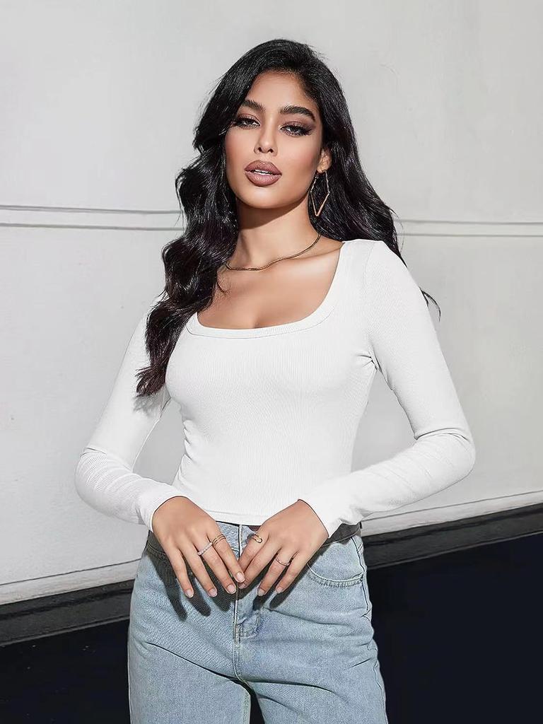 Spring women's tops slim fit short long sleeve square neck T-shirt for hot girls casual and versatile