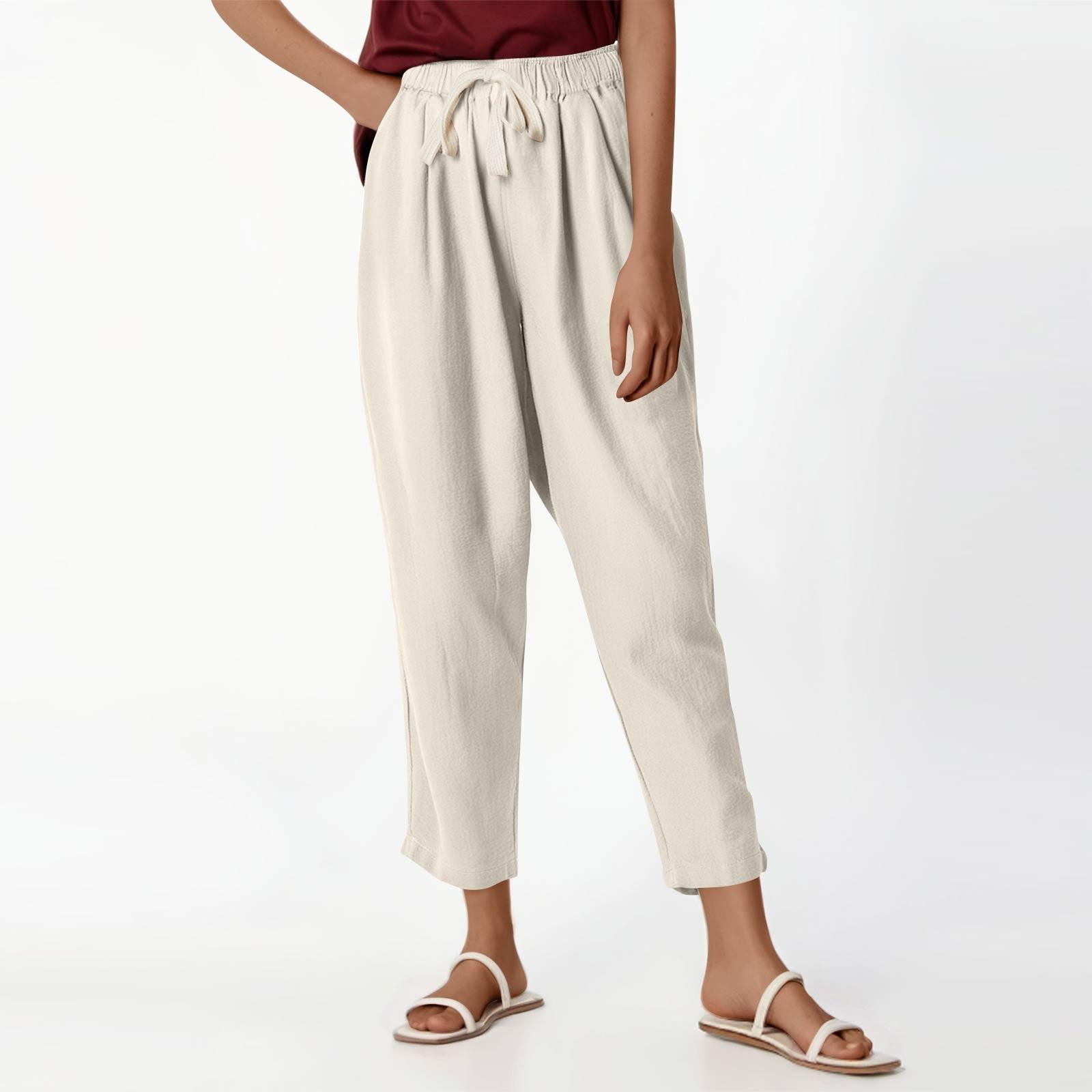

Women s Casual Fashion 9/10 Pants Elastic Waist Drawstring Color Pants M бежевий