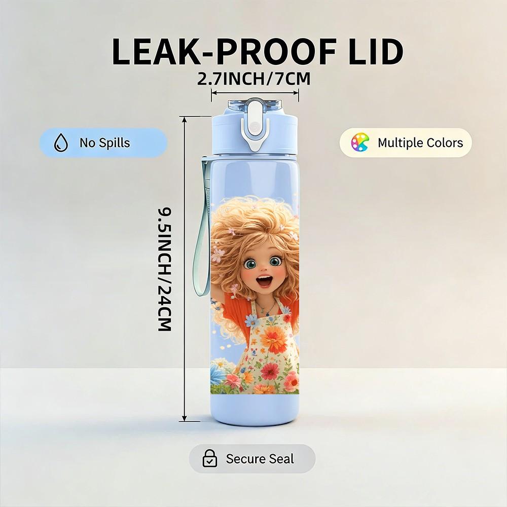 1PC Little Girl Flower Field Cartoon Print 750ml Color Plastic Sports Water Bottle Leakproof Flip Straw Lid Suitable for Sports Office Home Use