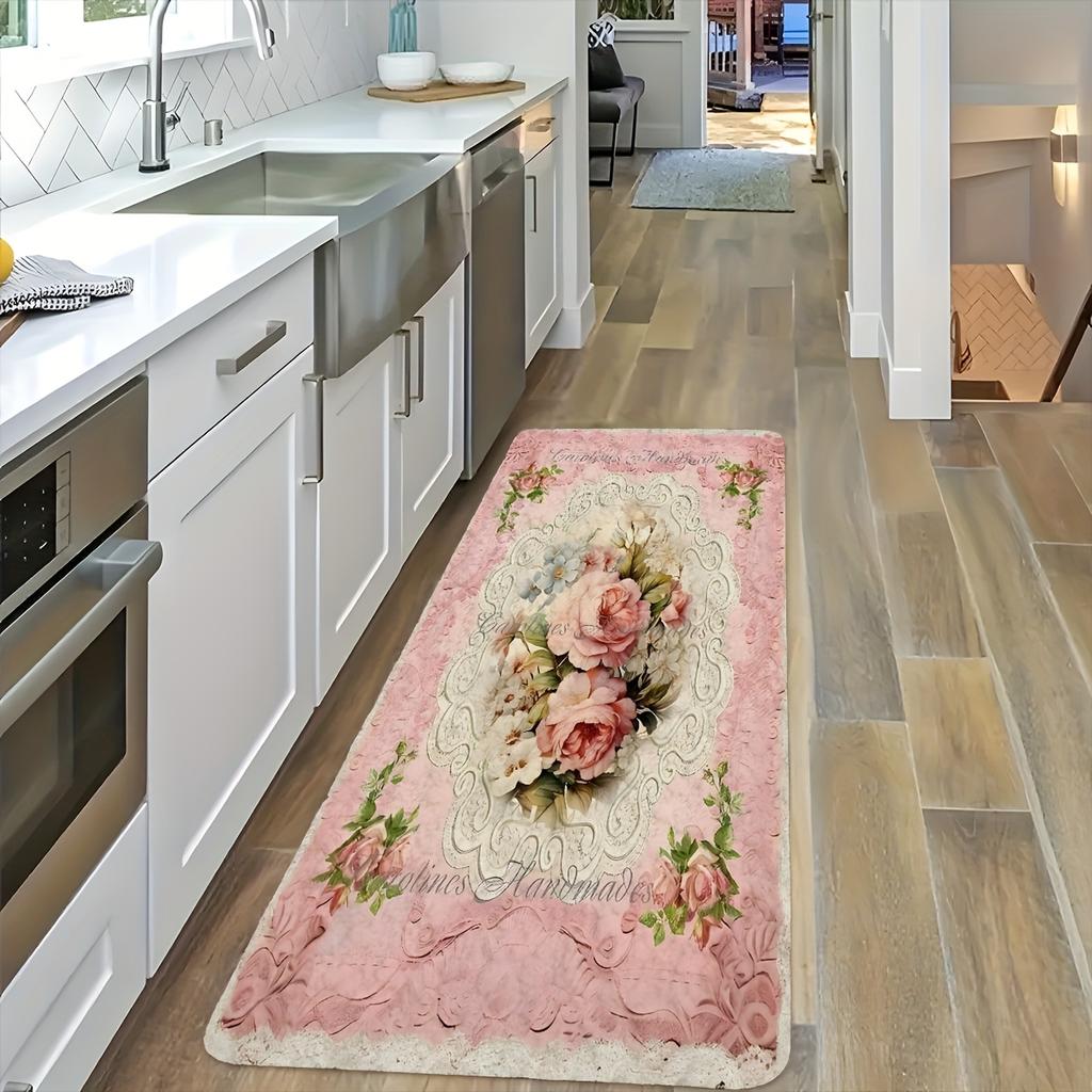 1Pcs Anti Fatigue Kitchen Rugs Pink Floral Print Waterproof Non Slip Thick Cushioned Kitchen Mat Heavy Duty Comfort Standing Mat