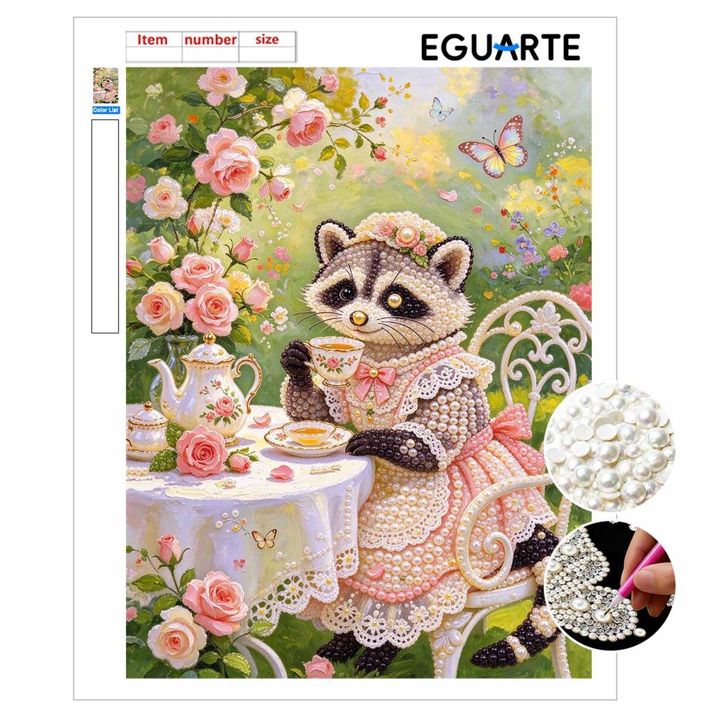 DIY 3D Pearl Diamond Painting Art Set Raccoon Tea Party Roses Garden Home Decor Art Set Wall Art