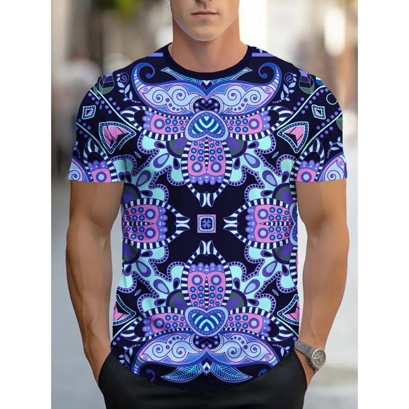 Men's colorful ethnic printed T-shirt, retro elephant 3D printed T-shirt, summer street round neck loose short sleeved T-shirt